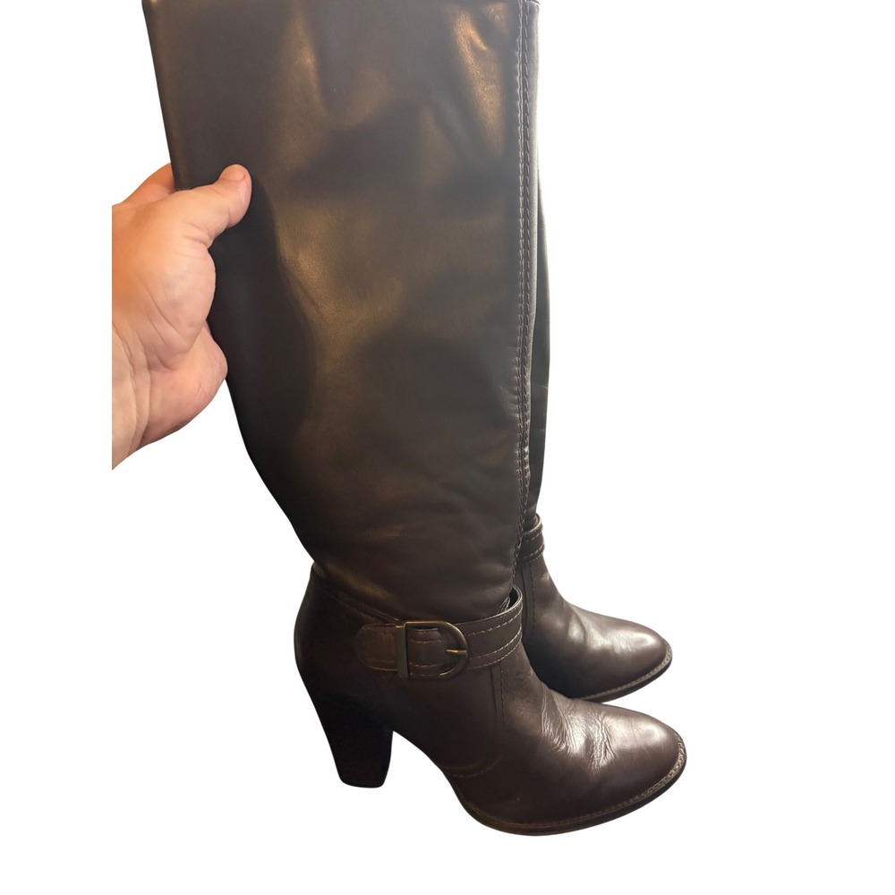 Alex Marie Womens Brown Leather Knee High Stacked Heel Buckle Boots Size 7.5M